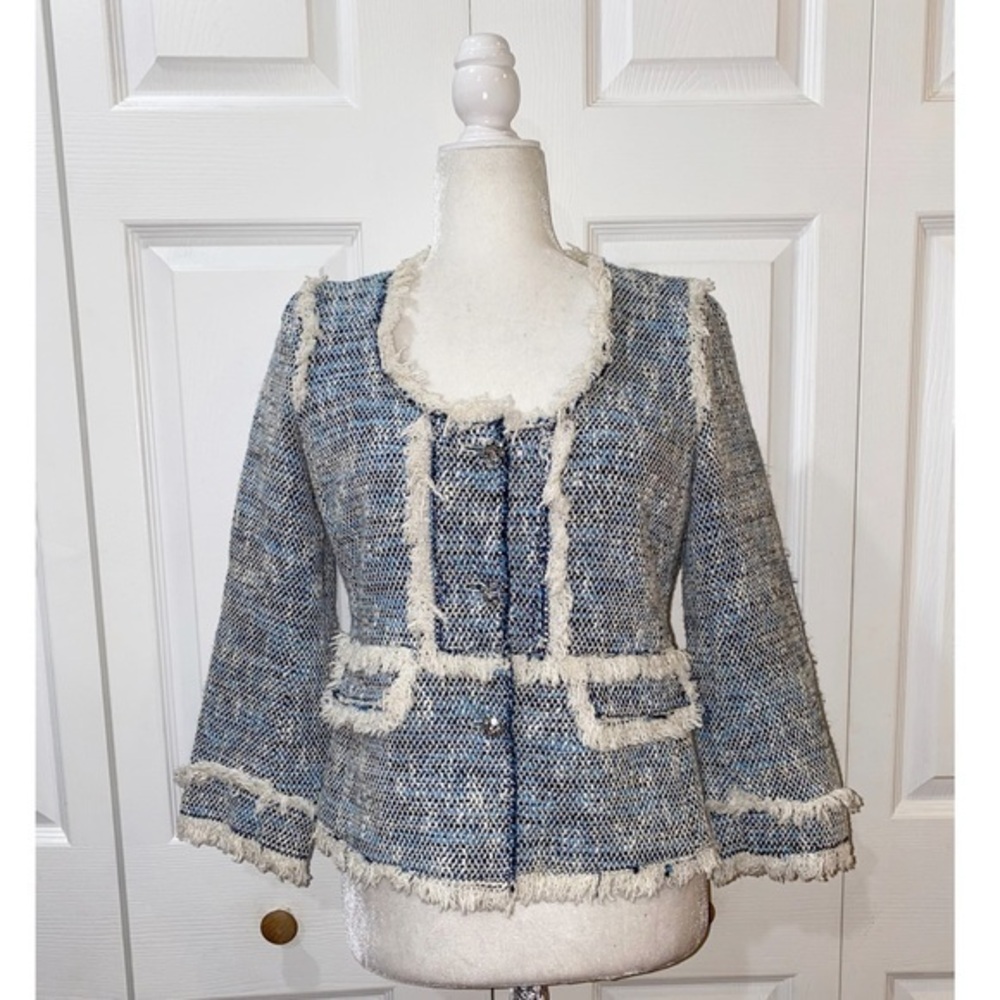 Rebecca Taylor Blue and Cream Tweed Fringed Jacket